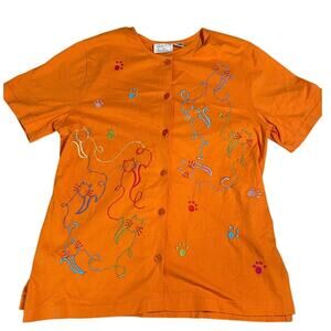 Vintage Tropico Orange Button-Front Shirt with Colorful Embroidered Cats Size M